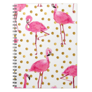 Caderno Espiral flamingos cor-de-rosa, pontos ouros, aquarela.