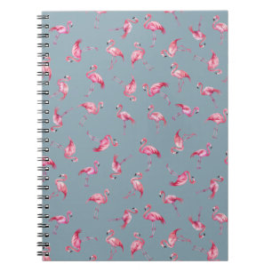 Caderno Espiral Flamingos de Aquarela Espalhados em Cinza-Claro Az