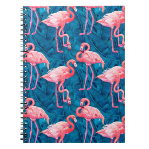 Caderno Espiral Flamingos em folhas de banana azuis