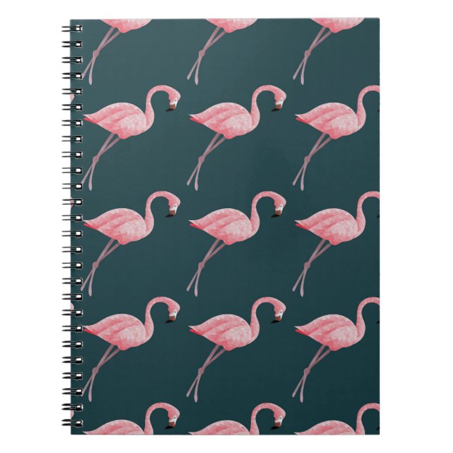 Caderno Espiral Flamingos em padrão azul, sem costura. (Frente)
