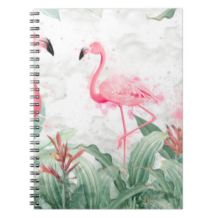 Caderno Espiral flamingos em plantas tropicais de fundo texturizad