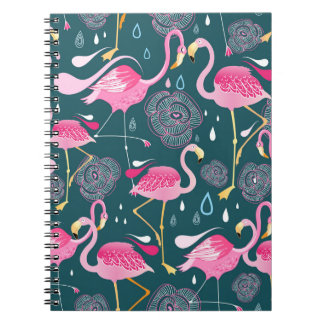 Caderno Espiral Flamingos Fllowers: Gráfico Escuro Sem Costura.