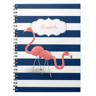 Caderno Espiral Flamingos, Listras Modernas Azul-Marinho