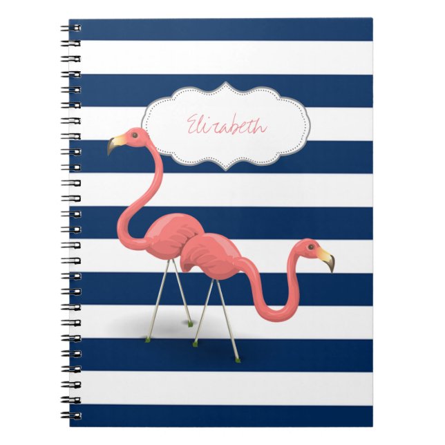 Caderno Espiral Flamingos, Listras Modernas Azul-Marinho (Frente)