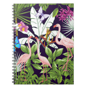 Caderno Espiral Flamingos, plantas tropicais: padrão de colheita.