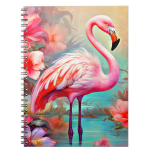 Caderno Espiral Flamingos rosa em um lago com flores-20231