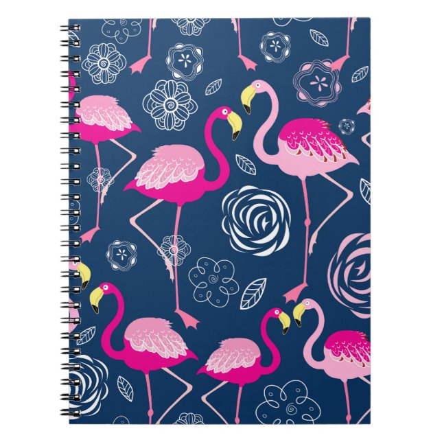 Caderno Espiral Flamingos Rosa: Padrão Gráfico Escuro (Frente)
