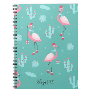 Caderno Espiral Flamingos Santa Hat Presents Flocos de Neve
