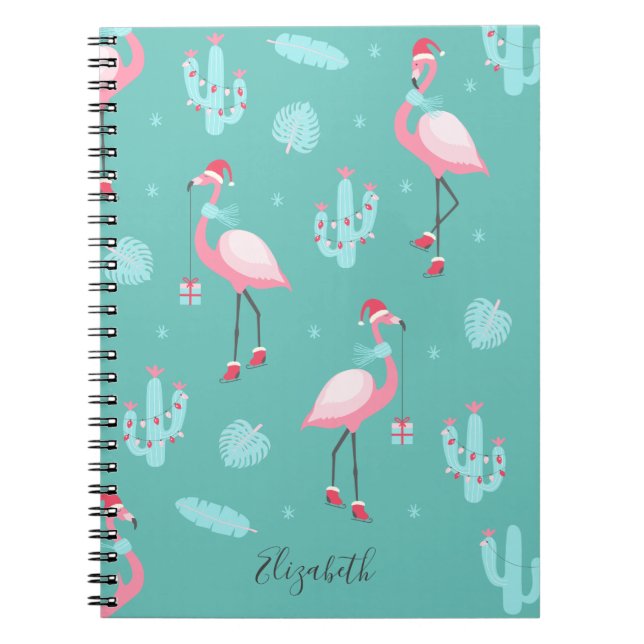 Caderno Espiral Flamingos Santa Hat Presents Flocos de Neve (Frente)