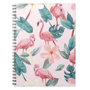 Caderno Espiral flamingos sem costura e flores tropicais ilustrado