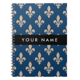 Caderno Espiral Fleur de Lis, Beige on Navy Blue, Royal, Your Name