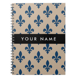 Caderno Espiral Fleur de Lis, Navy Blue on Beige, Royal, Your Name
