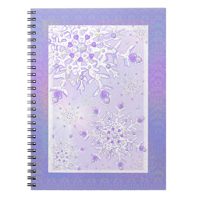 Caderno Espiral floco de neve roxo leve e coração brilhando (Frente)