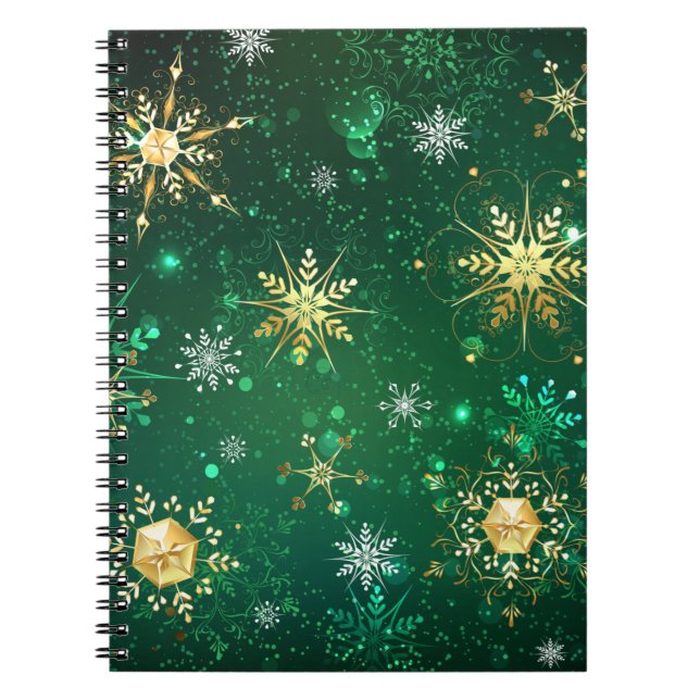 Caderno Espiral Flocos de neve do Ouro Xmas em fundo verde (Frente)