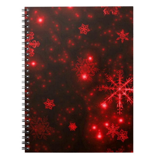 Caderno Espiral Flocos de neve no fundo vermelho profundo (Frente)