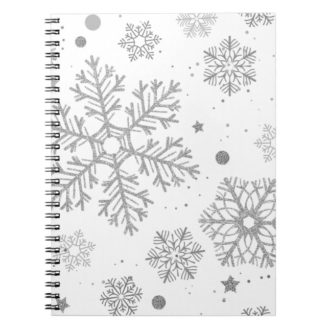 Caderno Espiral Flocos de neve prateados em branco (Frente)