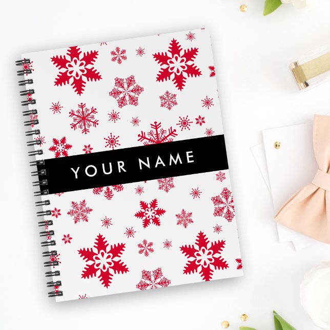 Caderno Espiral Flocos de neve vermelhos, seu nome, personalize (Criador carregado)