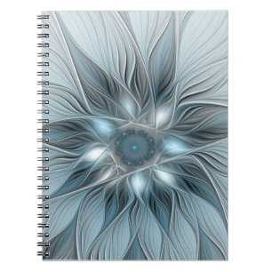 Caderno Espiral Flor Abstrata Alegre Azul Cinza Fractal Floral