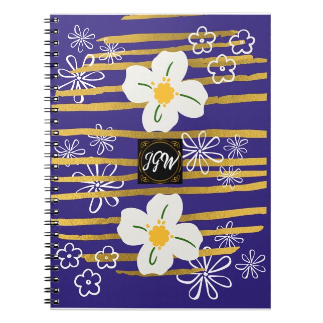 Caderno Espiral Flor Azul, Dourado e Branco (Frente)