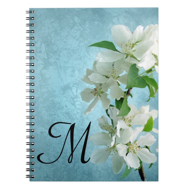 Caderno Espiral Flor Branca no Monograma Azul Livro de Notas Inici (Frente)