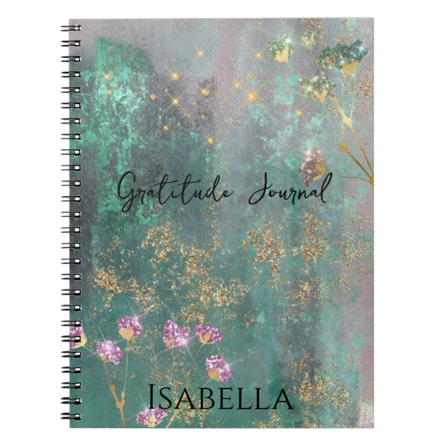 Caderno Espiral Flor brilhante Glitz Abstrato Verde Dourada (Frente)