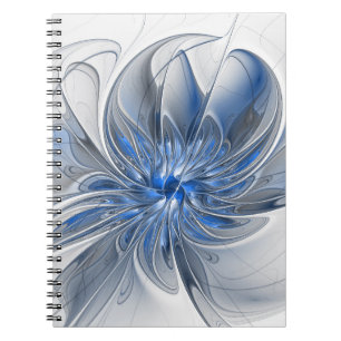 Caderno Espiral Flor de Arte Fracionada com Cinza Azul abstrato