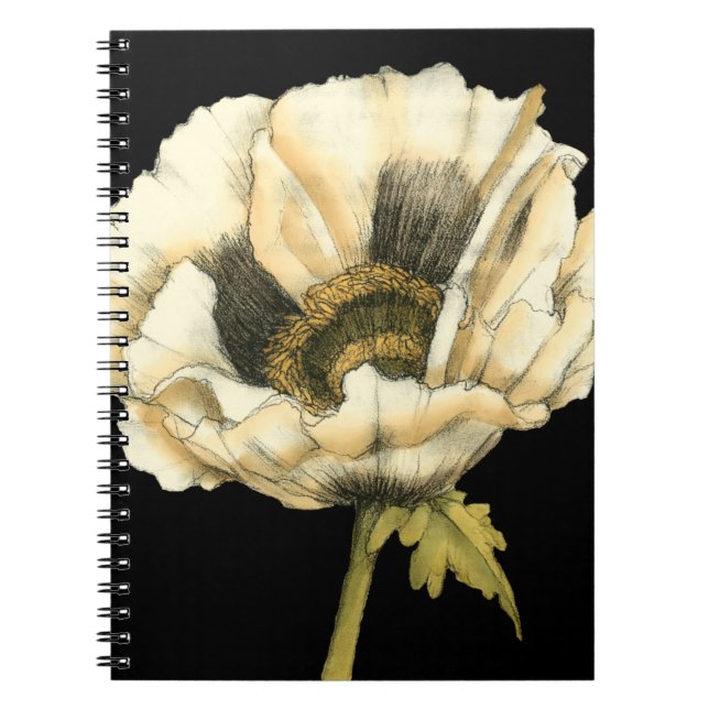 Caderno Espiral Flor de Creme Poppy no Fundo Preto (Frente)