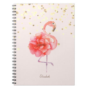 Caderno Espiral Flor de Flamingo Rosa, Confete Dourado