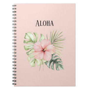 Caderno Espiral Flor de Hibisco Rosa Tropical Folhas Aloha