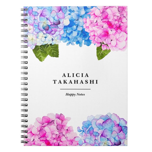 Caderno Espiral Flor de Hydrangeas de Água| Adicione Seu Nome (Frente)