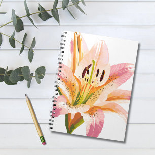 Caderno Espiral Flor de Lírio Rosa Pintura Floral em Aquarela