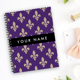 Caderno Espiral Flor de Lis, Bege sobre Roxo, Real, Seu Nome