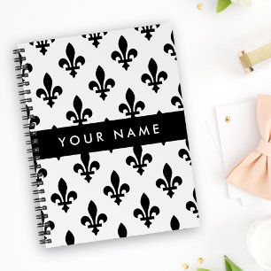 Caderno Espiral Flor de Lis, Preto sobre Branco, Preto, Seu Nome