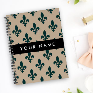 Caderno Espiral Flor de Lis, Verde no Bege, Real, Seu Nome