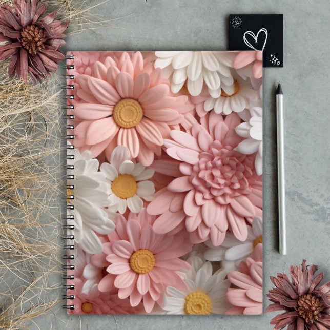 Caderno Espiral Flor de margarida 3D, rosa e branca (Criador carregado)