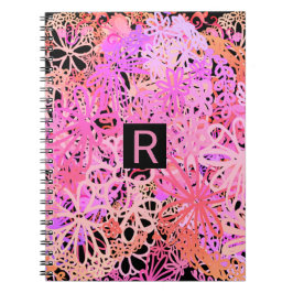 Caderno Espiral Flor de monograma preto rosa abstrato