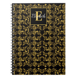 Caderno Espiral Flor de ouro de espiral Damask monograma