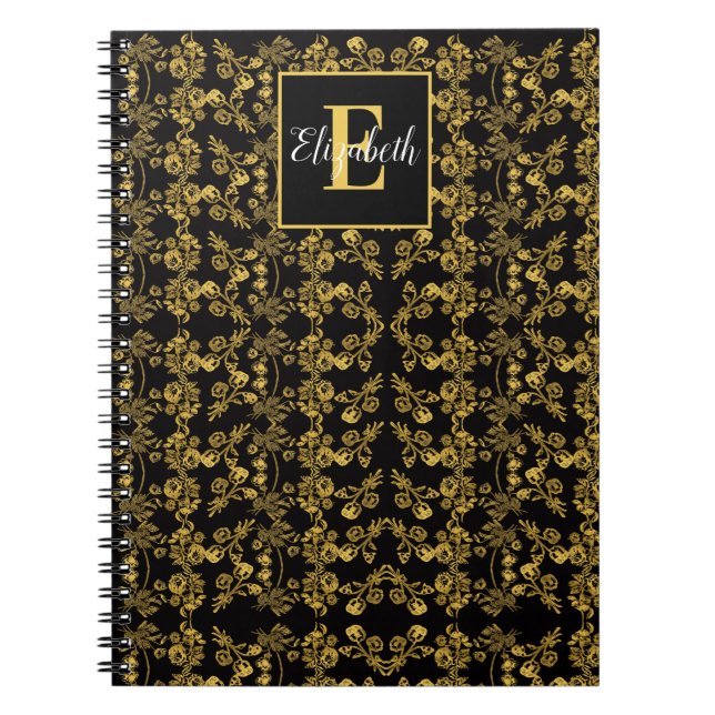 Caderno Espiral Flor de ouro de espiral Damask monograma (Frente)