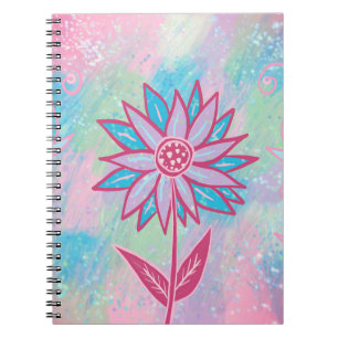 Caderno Espiral Flor de Pastel, desenhado à mão,