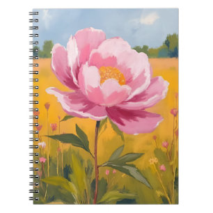 Caderno Espiral Flor de Peônia Campo de Flores Rosa Aquarela