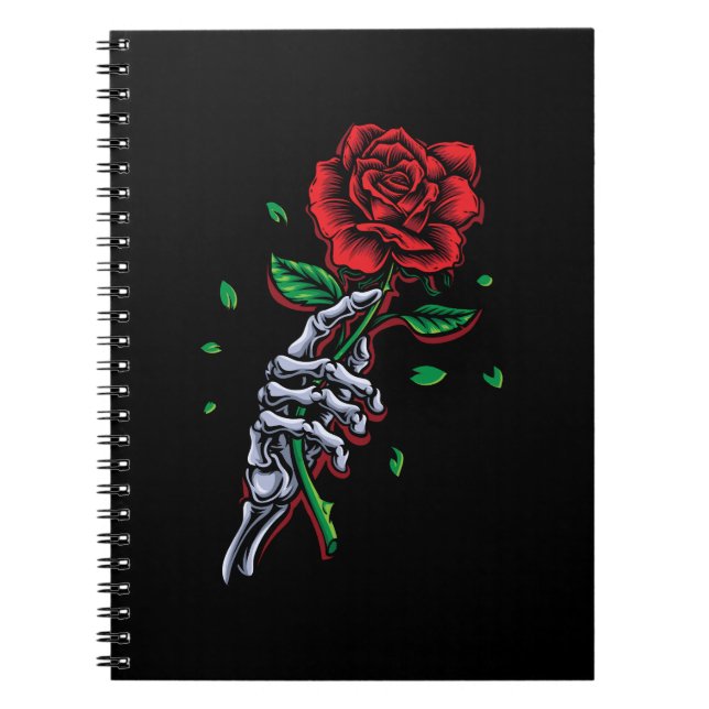 Caderno Espiral Flor de Rosa vermelha de Mão do Esqueleto (Frente)