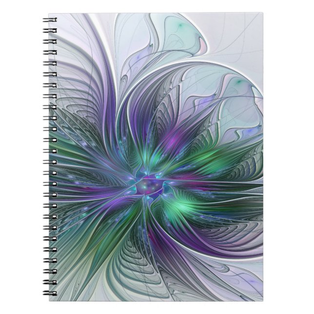 Caderno Espiral Flor Moderna Abstrata Fractal Verde Roxo (Frente)