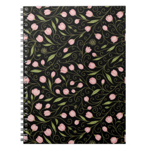 Caderno Espiral Flor rosa e branca a preto com padrão repetitivo