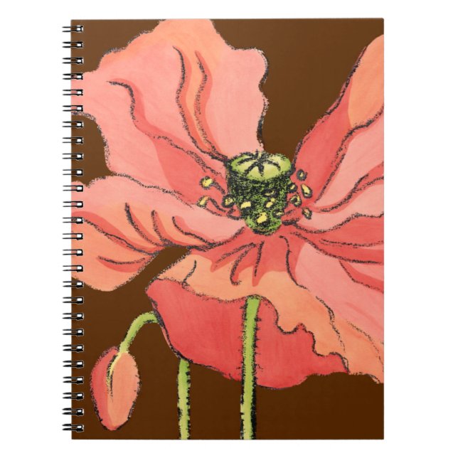 Caderno Espiral Flor rosa grande com fundo vermelho profundo (Frente)