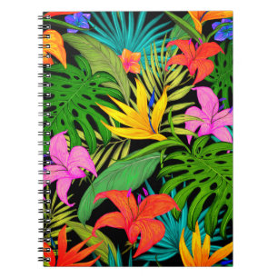 Caderno Espiral Flor tropical e folha de palma Havaí colorida