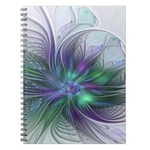 Caderno Espiral Flor Verde Roxo Moderna Abstrato de Arte Fractal