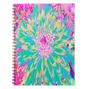 Caderno Espiral Flor Verde-Teal-Quente e Dália Rosa-Quente