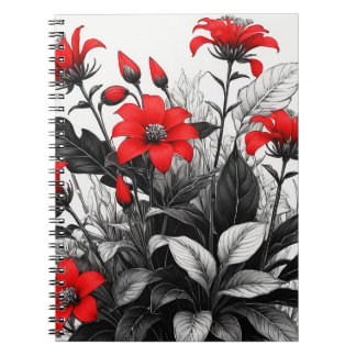 Caderno Espiral Flor Vermelha Na Planta Branca Preta