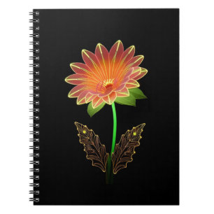 Caderno Espiral Flor vibrante delineada em neon com folhas verdes