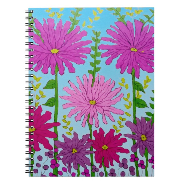 Caderno Espiral Flor vívida rosa desenho em azul (Frente)